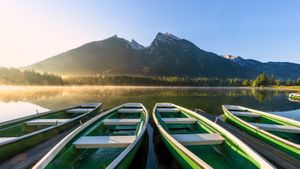 Row of boats at Hintersee lake, Bavaria, Germany (© Achim Thomae/Getty Images)(Bing New Zealand)