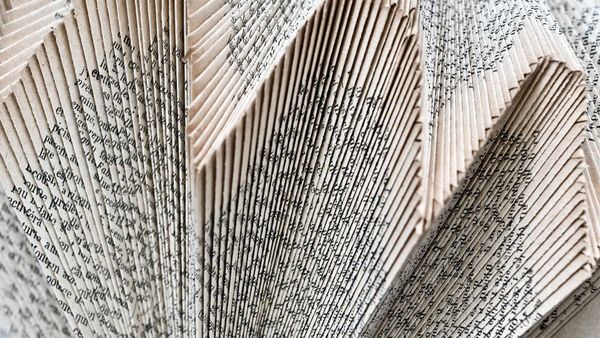 Structure décorative de pages de livres pliées, Angles-sur-l\'Anglin, Vienne