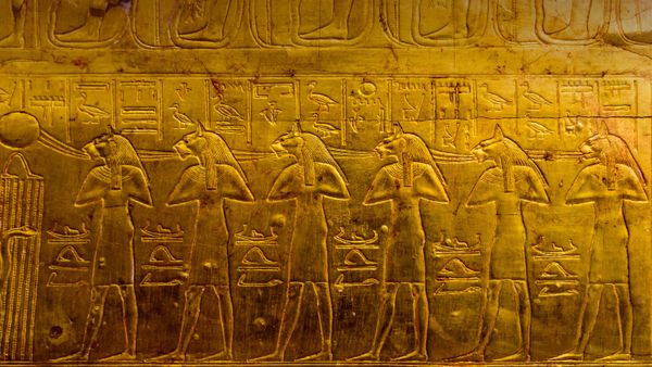Depiction of deities from the Tomb of Tutankhamun at the Egyptian Museum, Cairo, Egypt