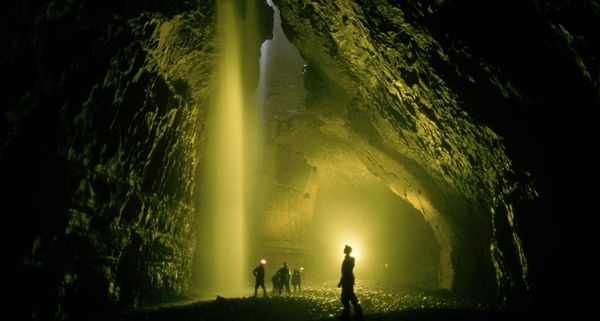 Spelunkers in Gaping Gill Cave in North Yorkshire, England