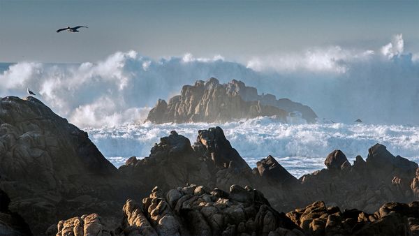 Huge waves crashing on rocks along Asilomar State Beach, California, USA