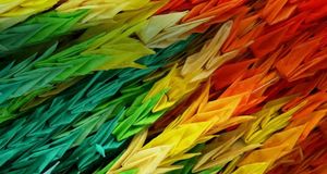 Multicolored origami paper cranes at the Hiroshima Peace Memorial Park in Hiroshima, Japan (© Scott Thistlethwaite/Getty Images) &copy; (Bing United States)
