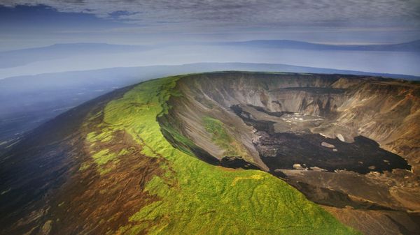 Aerial view of a volcano caldera, Isabela Island, Galápagos Islands, Ecuador