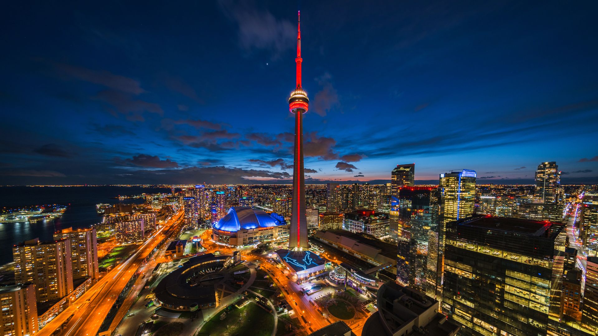 CN Tower illuminated at night in Toronto, Ontario