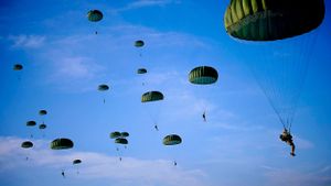 Paratroopers fill the skies over Fort Bragg in North Carolina, for Operation Toy Drop (© Stocktrek Images/SuperStock)(Bing United States)