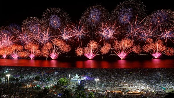 New Year's Eve fireworks over Copacabana Beach, Rio de Janeiro, Brazil
