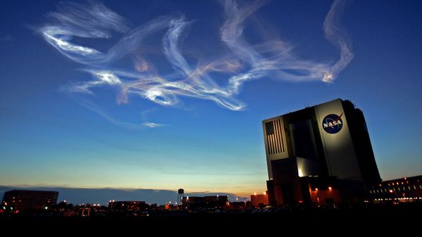 Contrails from a 2007 Atlantis shuttle liftoff at the Kennedy Space Center in Florida