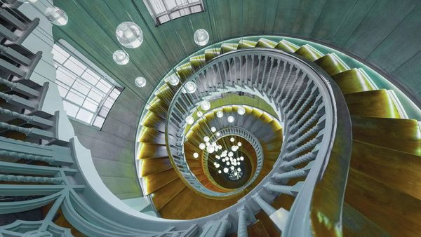 Cecil Brewer spiral staircase at Heal\'s furniture store, Tottenham Court Road, London