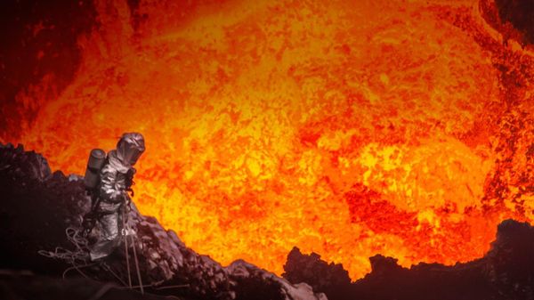 Volcanologist looks into the Marum Volcano, Vanuatu, South Pacific