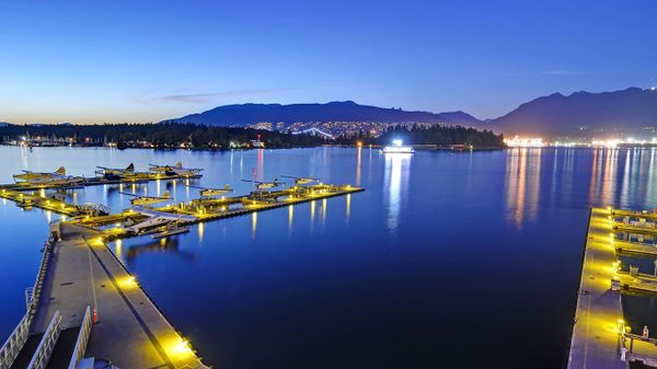 Seaplane berth at blue hour, Vancouver, Canada