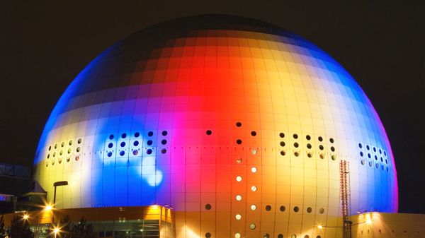 The Globe Arena at night in Stockholm, Sweden