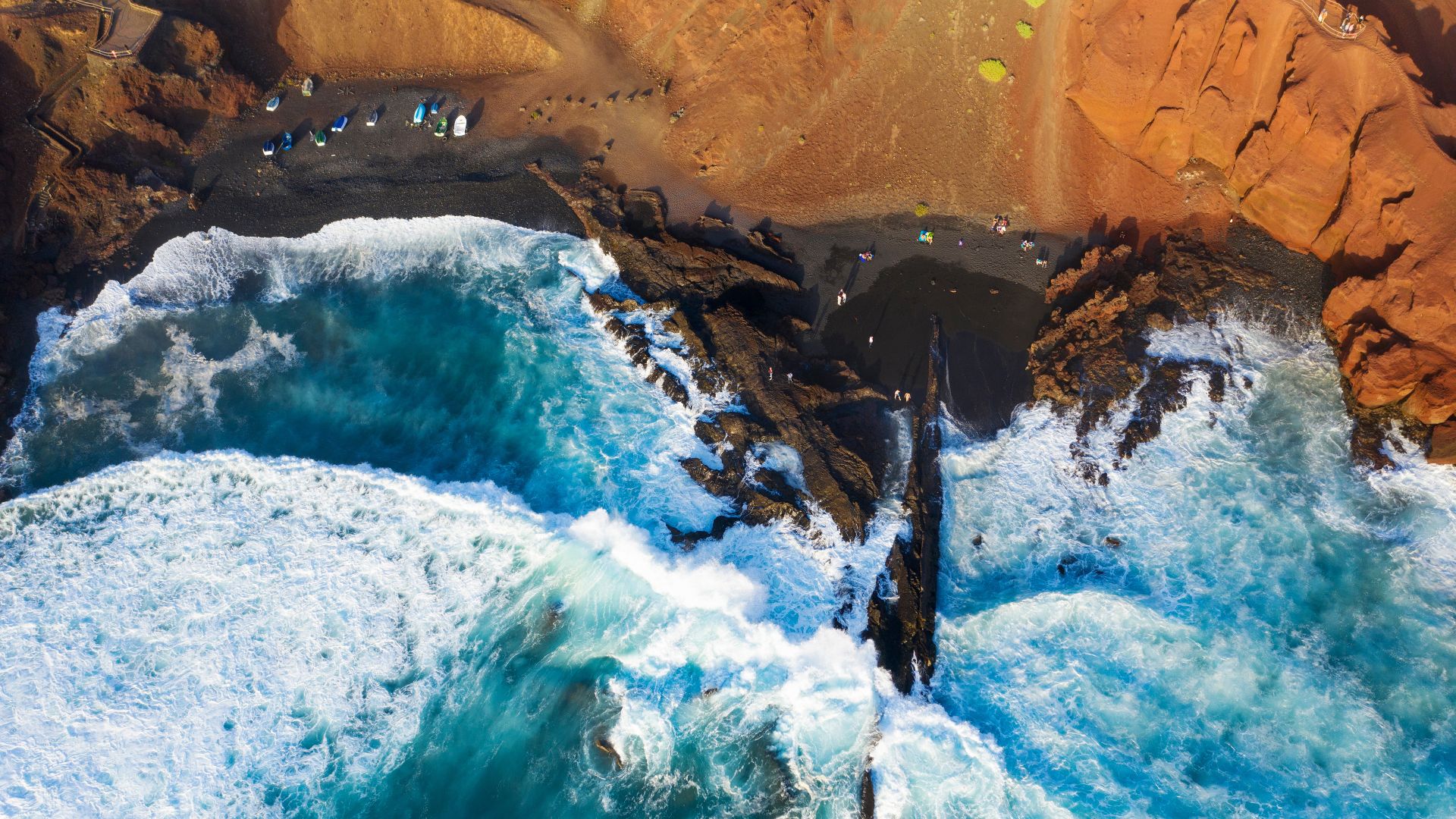 Aerial view of black lava beach, El Golfo, Lanzarote, Canary Islands, Spain