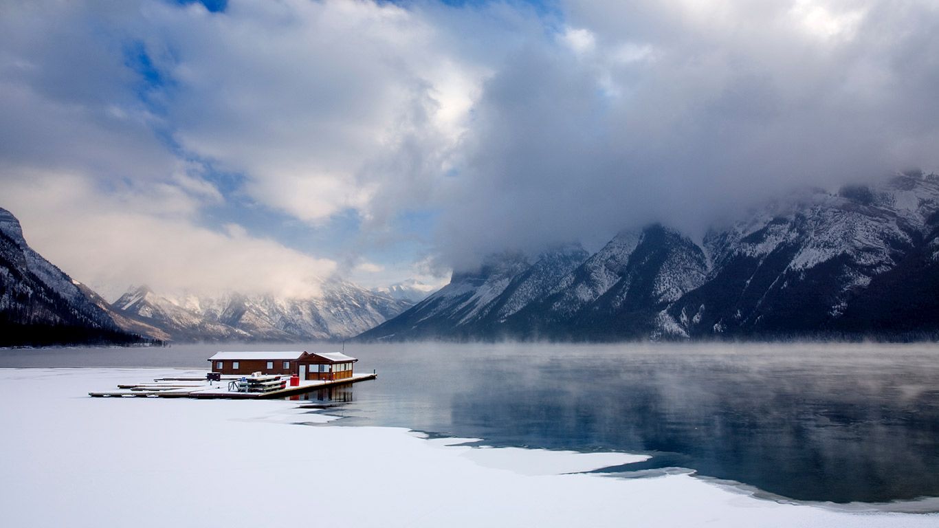 Boathouse on Lake Minnewanka in Banff National Park, Alberta