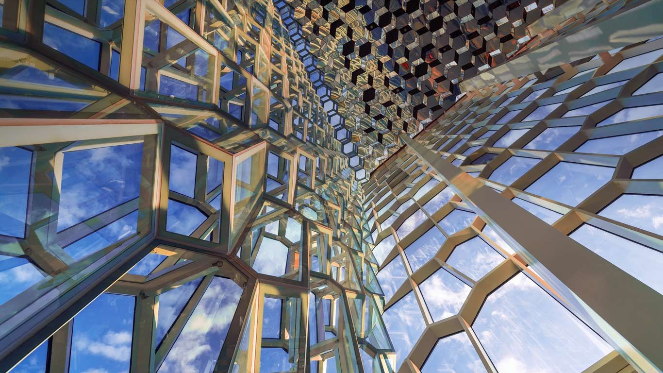 Framework of the interior of the Harpa Concert Hall in Reykjavik, Iceland