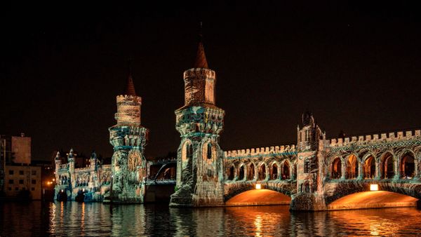 Designs projected on the Oberbaum Bridge during the yearly Festival of Lights in Berlin, Germany