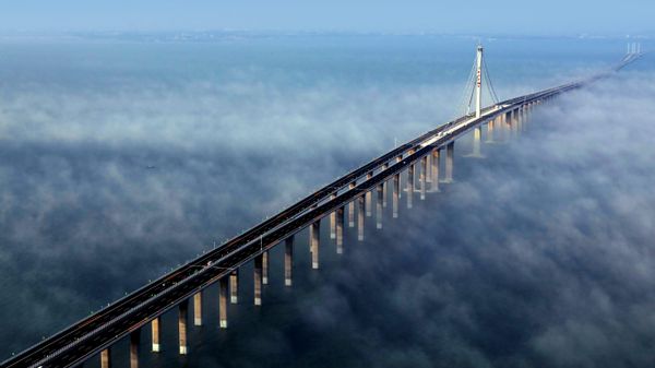 Aerial view of Jiaozhou Bay Bridge in Qingdao, east China's Shandong Province