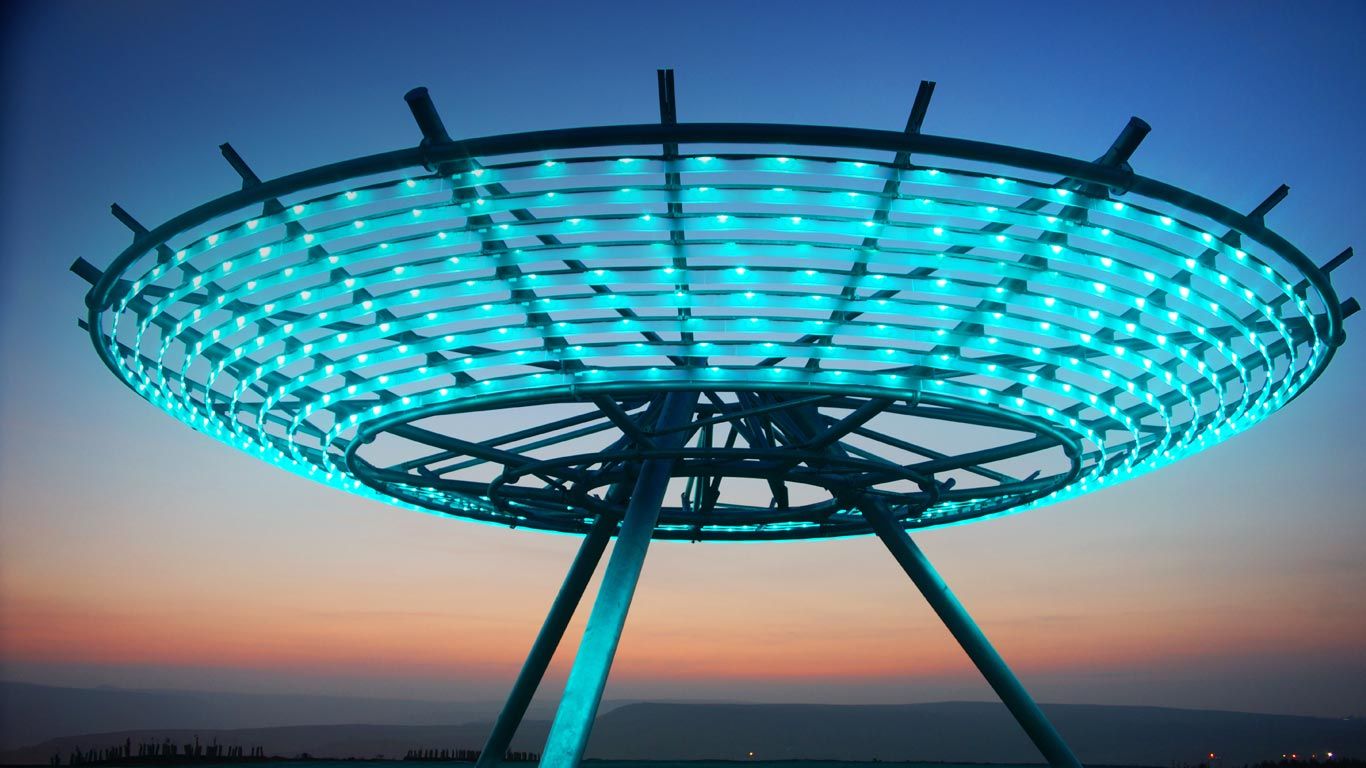 Illuminated sculpture 'Halo' above Haslingden in Lancashire