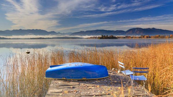 Blue rowboat, Lake Staffelsee, Bavaria, Germany