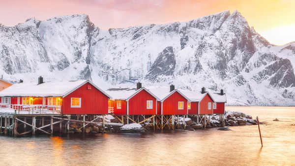 Tradizionali casette rosse dei pescatori sulle rive del Reinefjorden, Norvegia