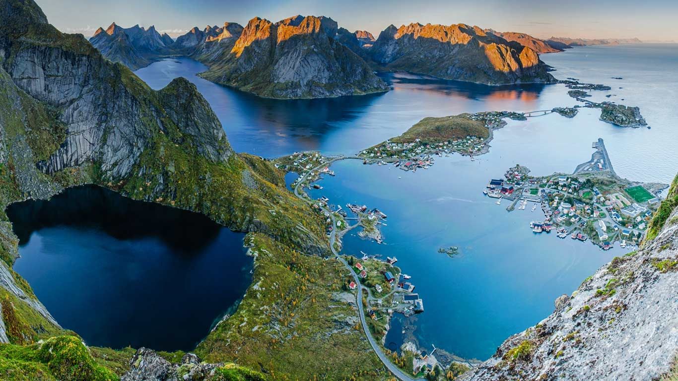 The view from Reinebringen ridge at the village of Reine on Moskenesøya, Norway