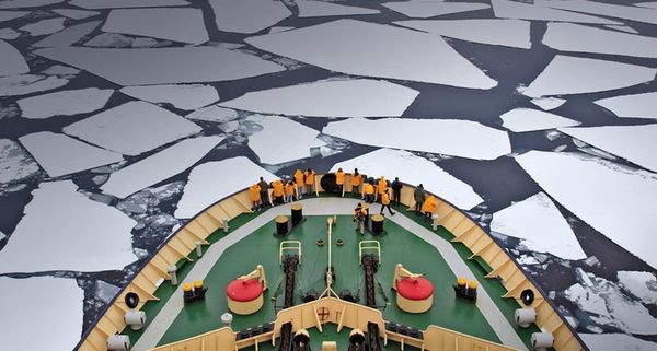 The Icebreaker I/B Kapitan Khlebnikov moving through the pack ice in Antarctica