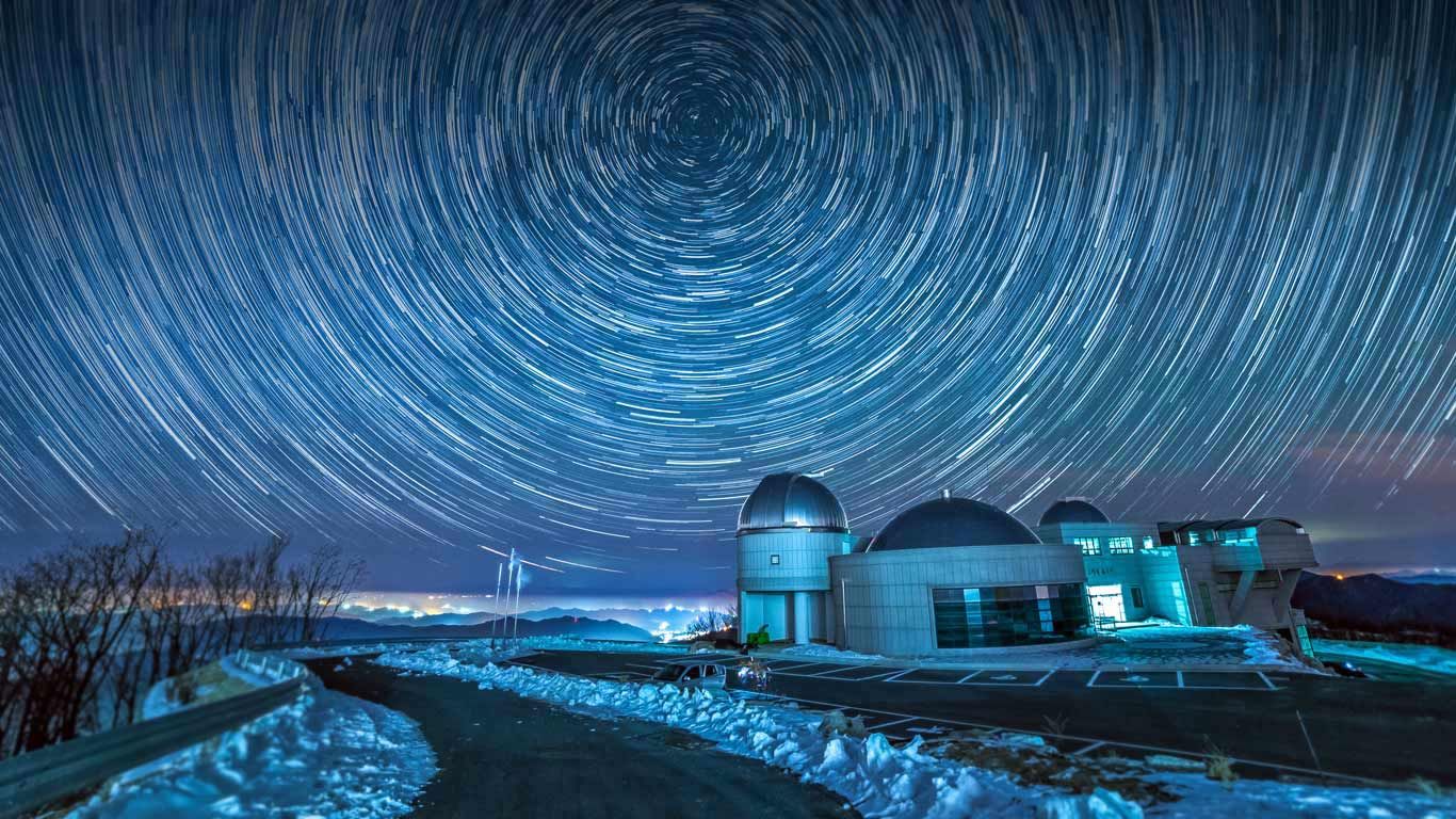 Cho Gyeong-chul Observatory with star trails, Gangwon Province, South Korea