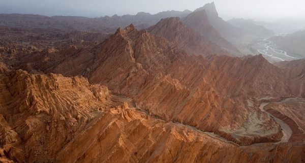 Vertically oriented sandstone formations in Kuqa Canyon, Xinjiang Uygur Autonomous Region, China. Locals call it the Tian Shan Grand Canyon