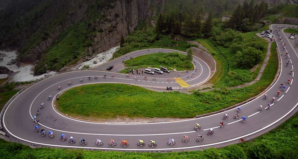 Tour of Suisse cycling race passing through St. Gotthard Pass, Switzerland