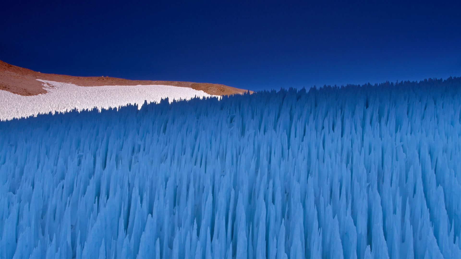 Nieve penitente ice formations seen on Agua Negra Pass in the Coquimbo region of the Andes, Chile