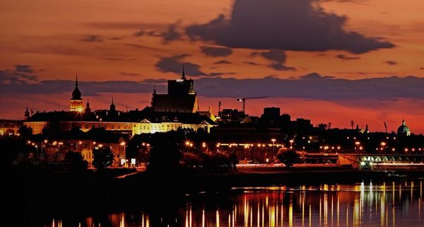 Skyline of old town Warsaw, Poland at sunset