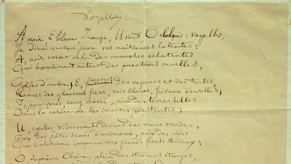 Manuscrit du poème « Les Voyelles » par Arthur Rimbaud (1854-1891),  Musée Arthur Rimbaud, Charleville-Mezieres