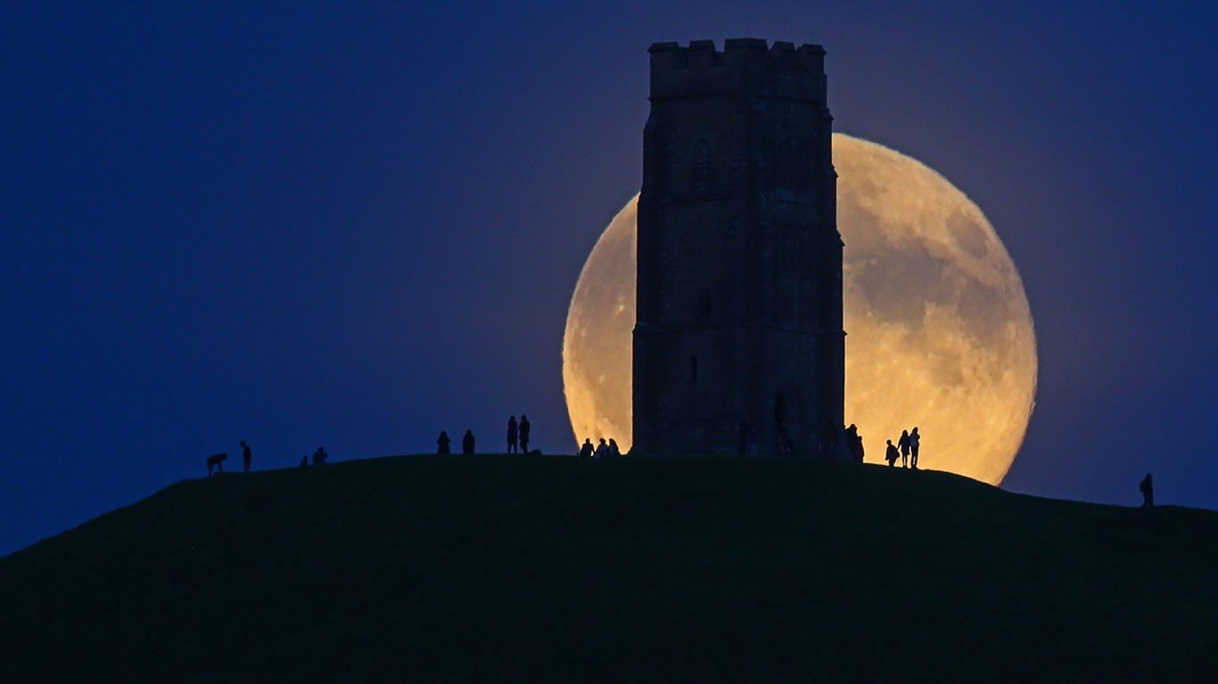 The Moon rises over Glastonbury Tor, Somerset