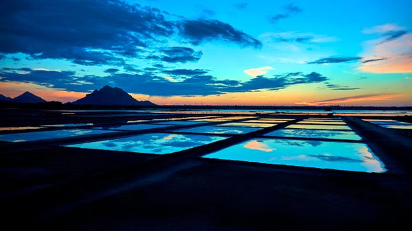 Sunset over salt pans in Tamil Nadu, India