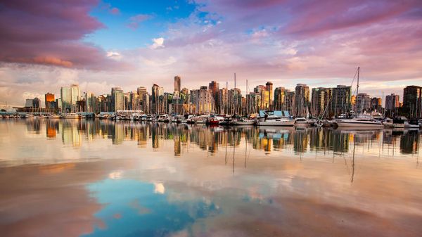 Evening view of the city skyline of Vancouver, Canada, from Stanley Park