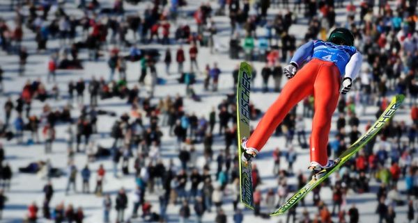 Russia's Dimitry Ipatov jumps in the Men's Team Ski Jumping round 1 at the the Vancouver Winter Olympics on February 22, 2010