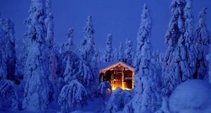 Forêt d’épicéas sous la neige et cabane en bois dans le parc national de Riisitunturi, Laponie, Finlande (© Jan Tove Johansson/Getty Images) &copy; (Bing France)
