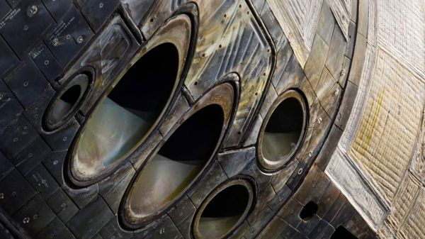 Close-up of the nose of Space Shuttle Atlantis on exhibit at Kennedy Space Centre, Florida