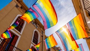 Calle con banderas del orgullo LGBTQI+, Sitges, Cataluña, España (© Alexander Spatari/Getty Images)(Bing España)