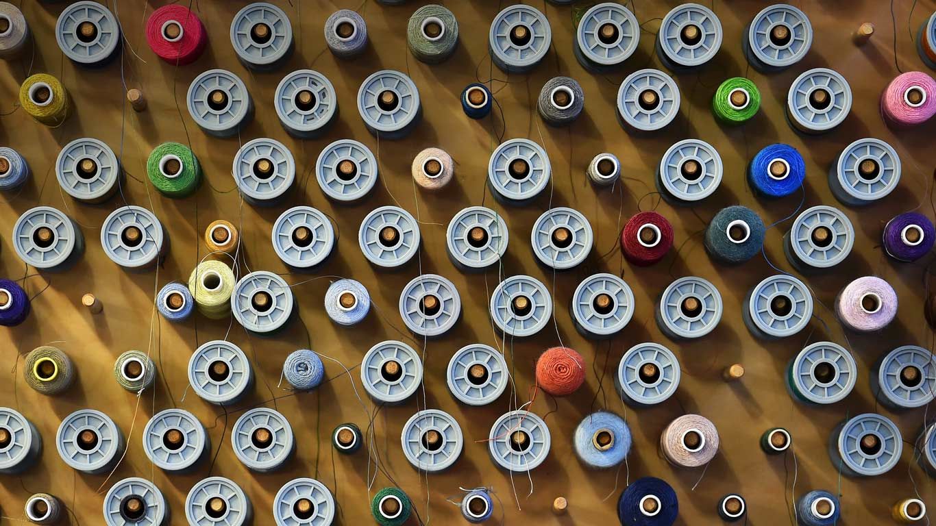 Reels of cotton at Angels Costumes warehouse in Hendon, north London