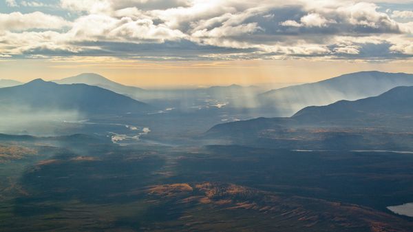 The Jackknife Mountains and river valley viewed from an airplane in NWT
