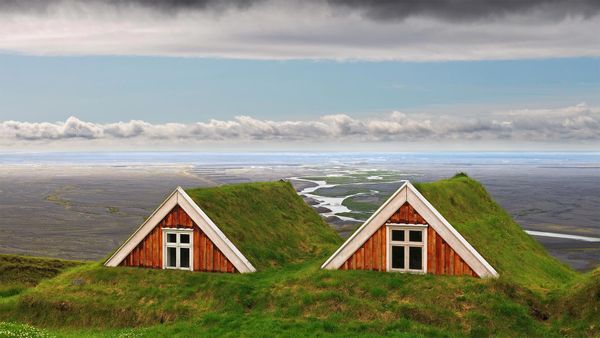 Traditional farmhouses at Skaftafell, Vatnajökull National Park, Iceland