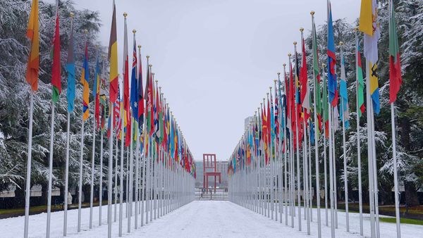 Flags outside the UN\'s Palace of Nations in Geneva, Switzerland
