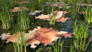 Pièces de puzzle dans un bassin, festival international des jardins de Chaumont-sur-Loire, Loir-et-Cher (© Biosphoto/Superstock)(Bing France)