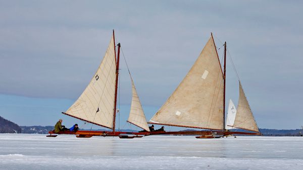 Antique ice yachts on the frozen Hudson River near Astor Point in Barrytown, New York, USA