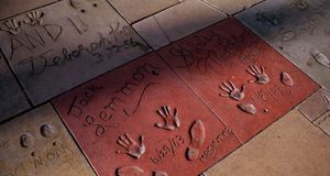 The hand and shoe prints of Jack Lemmon and Shirley MacLaine decorate the cement courtyard of Grauman's Chinese Theater on Hollywood Boulevard -- Robert Landau/Corbis &copy; (Bing United States)