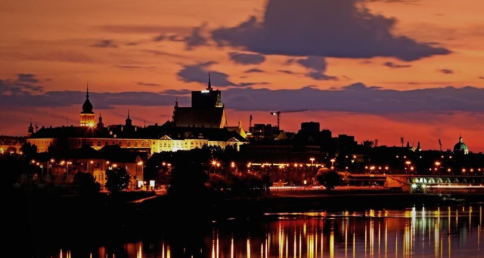 Skyline of old town Warsaw, Poland at sunset