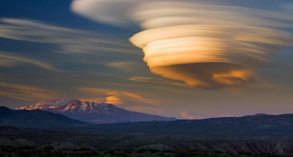 Lenticular cloud sunset over extinct volcano, Patagonia, Argentina