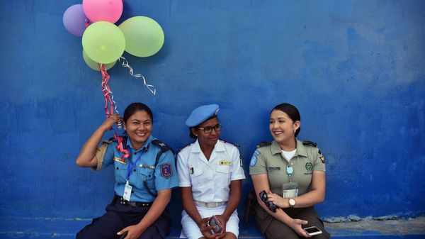 Policewomen from the United Nations Stabilisation Mission in Haiti attend a ceremony to mark International Women's Day in 2016