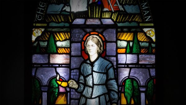 Painted and leaded glass window panel at the Florence Nightingale Museum, London