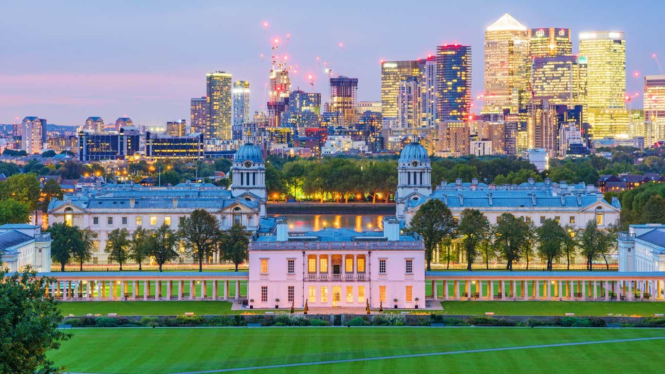 Night-time view of Greenwich Park and Canary Wharf, London
